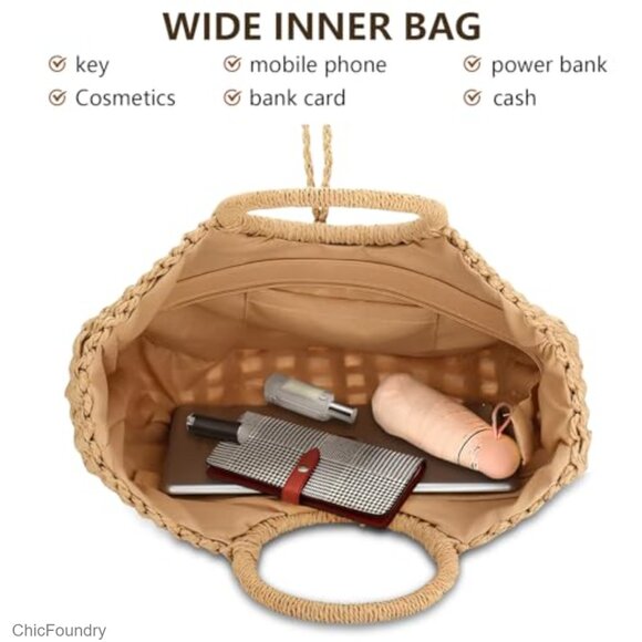 Large Straw Hobo Bag Woven Beach Purse Tote with Drawstring Closure - Picture 4 of 7